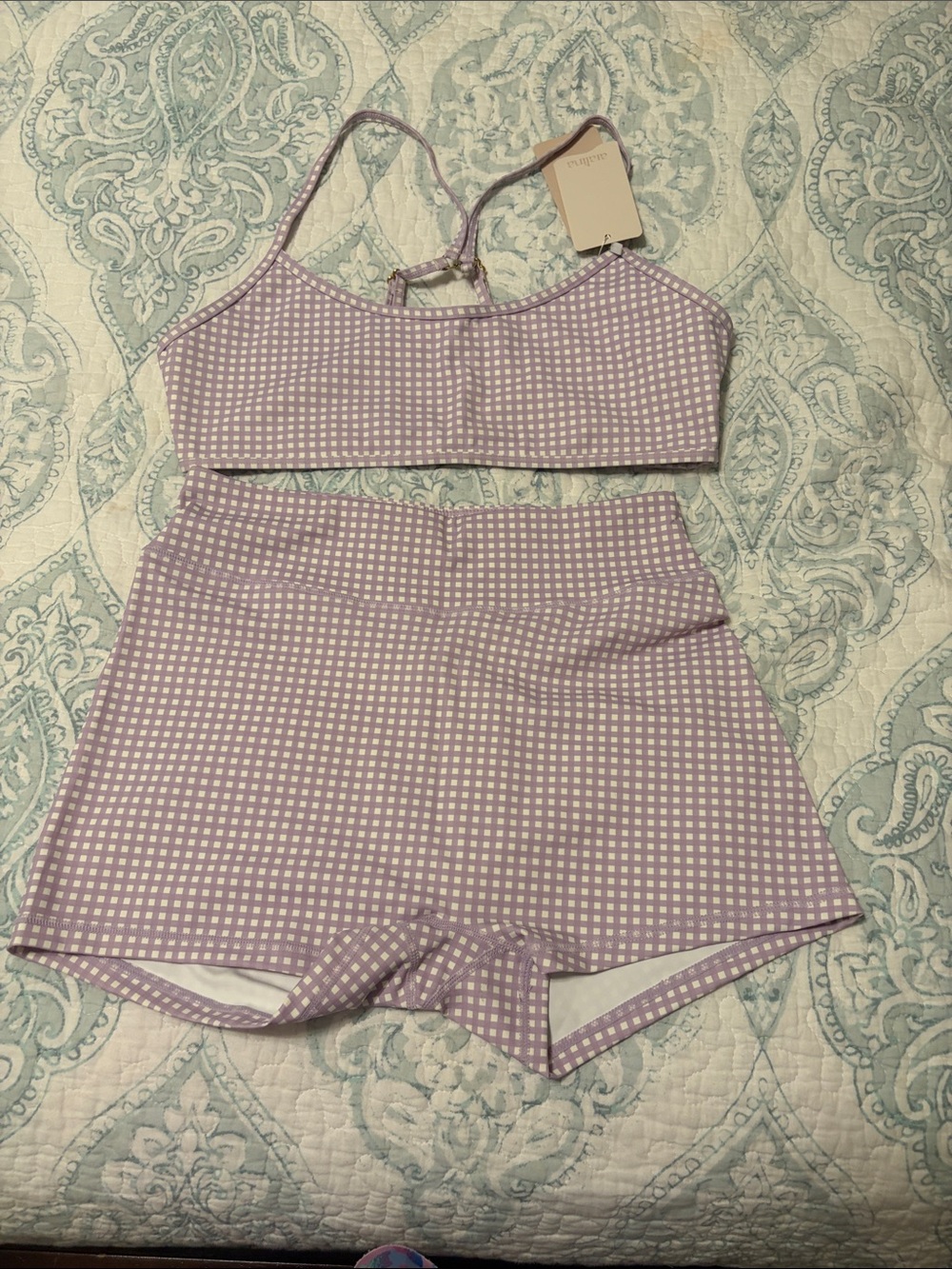 Lilac Gingham sports Bra and High-Waist Shorts Set - Women athletic wear